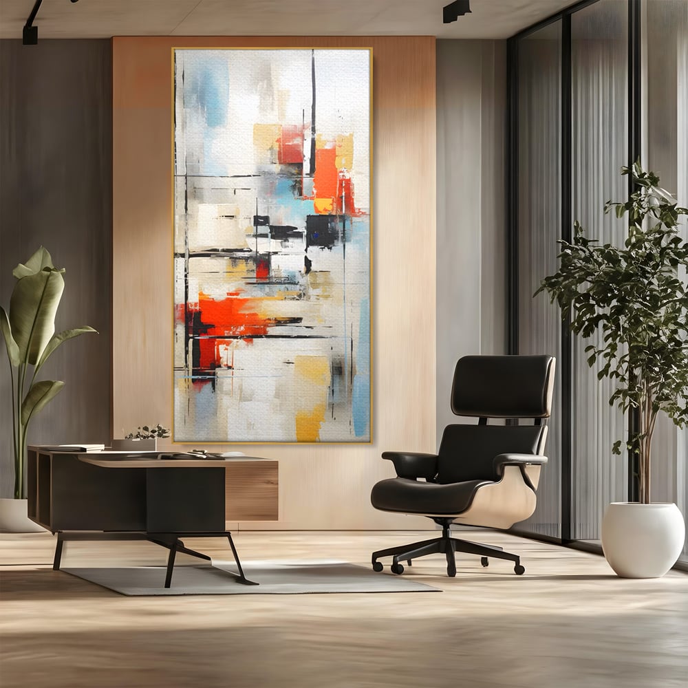 Tablou canvas cu pictura abstracta cu linii si pete, in rama de aluminiu auriu, pe perete intr-un birou